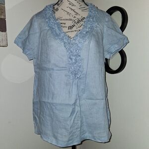 Talbots Linen Ruffle V-Neck Top